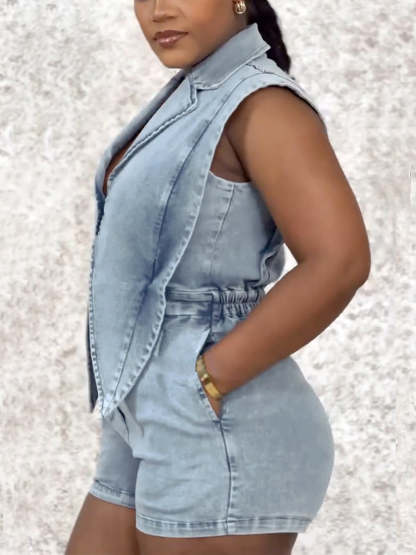 Sleeveless Elastic Waist Denim Romper