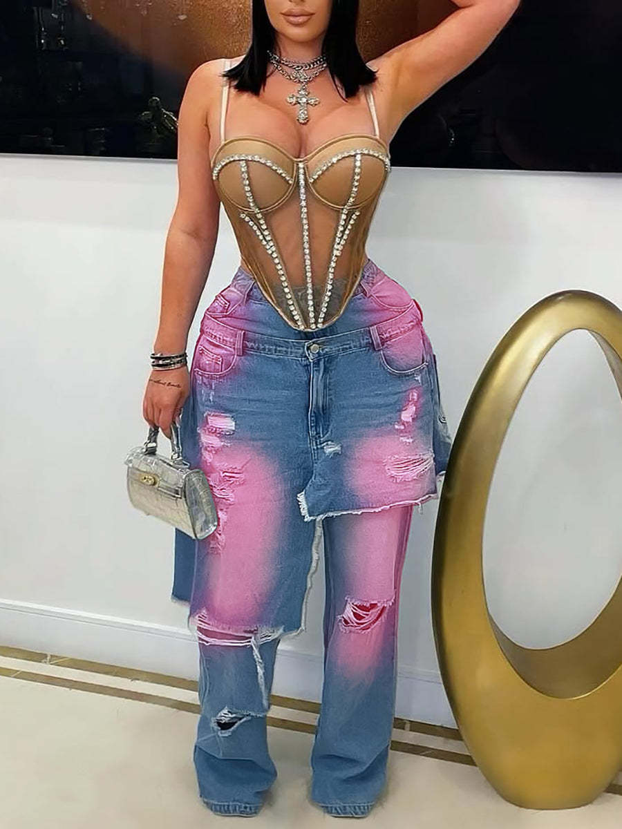 Distressed Gradient Patchwork Wide Leg Jeans