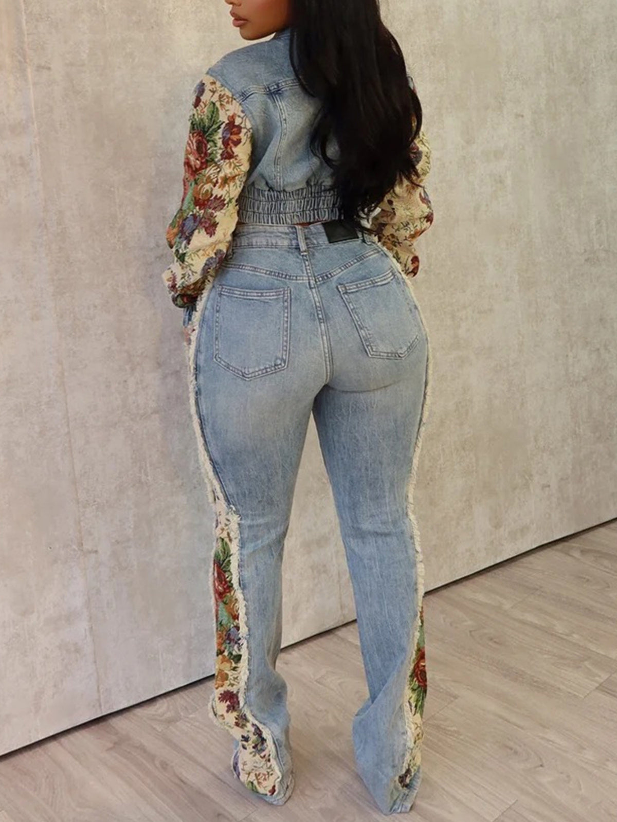 Printed Color Block Denim Jacket Jeans Set