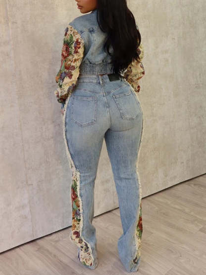 Printed Color Block Denim Jacket Jeans Set
