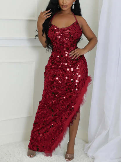 Sequin Halter Backless Feather Trim Dress