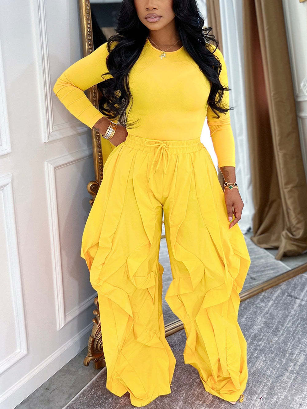 Ruched Long Sleeve Top Layered Wide Leg Pants Set | Casual Wear