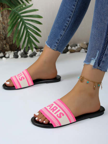 Paris Letter Knit Band Slide Sandals