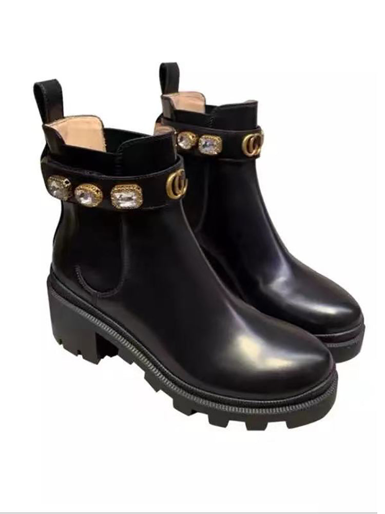 Rhinestone Buckle Platform Chelsea Ankle Boots