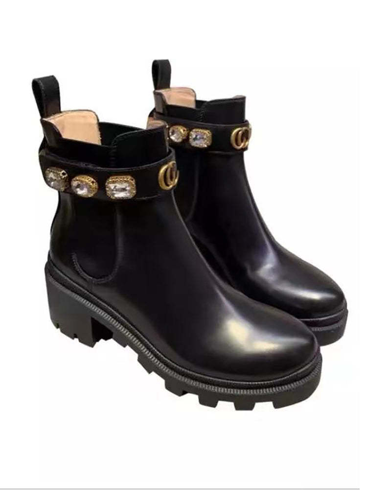 Rhinestone Buckle Platform Chelsea Ankle Boots