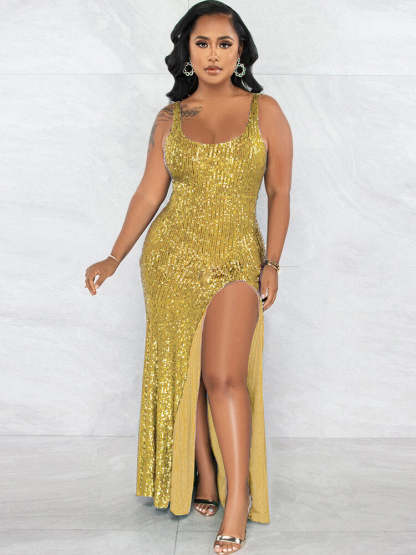 Sequin Sleevelesss Split Bodycon Maxi Dress