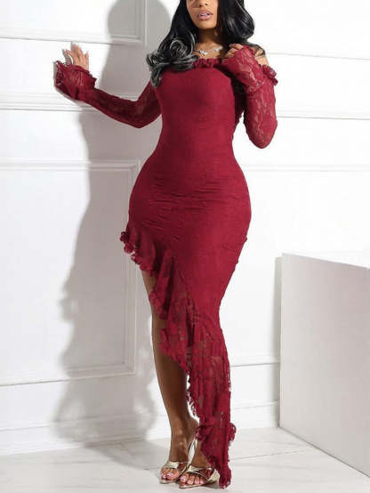 Off Shoulder Lace Asymmetric Ruffle Dress