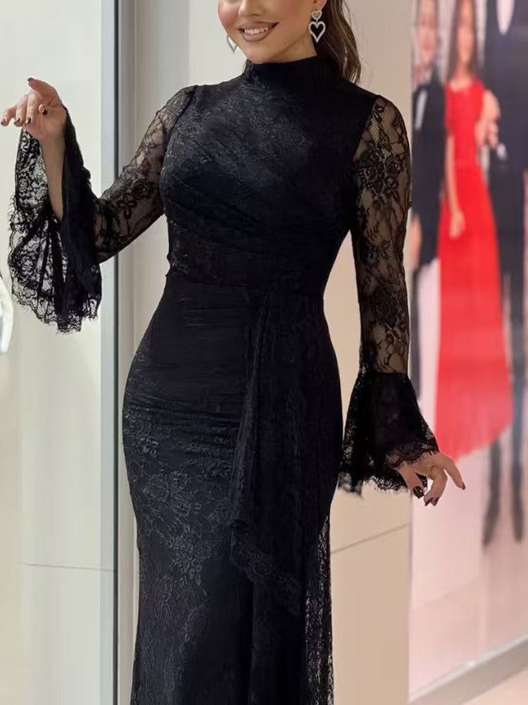 Lace Ruffle Flared Sleeve Maxi Dress