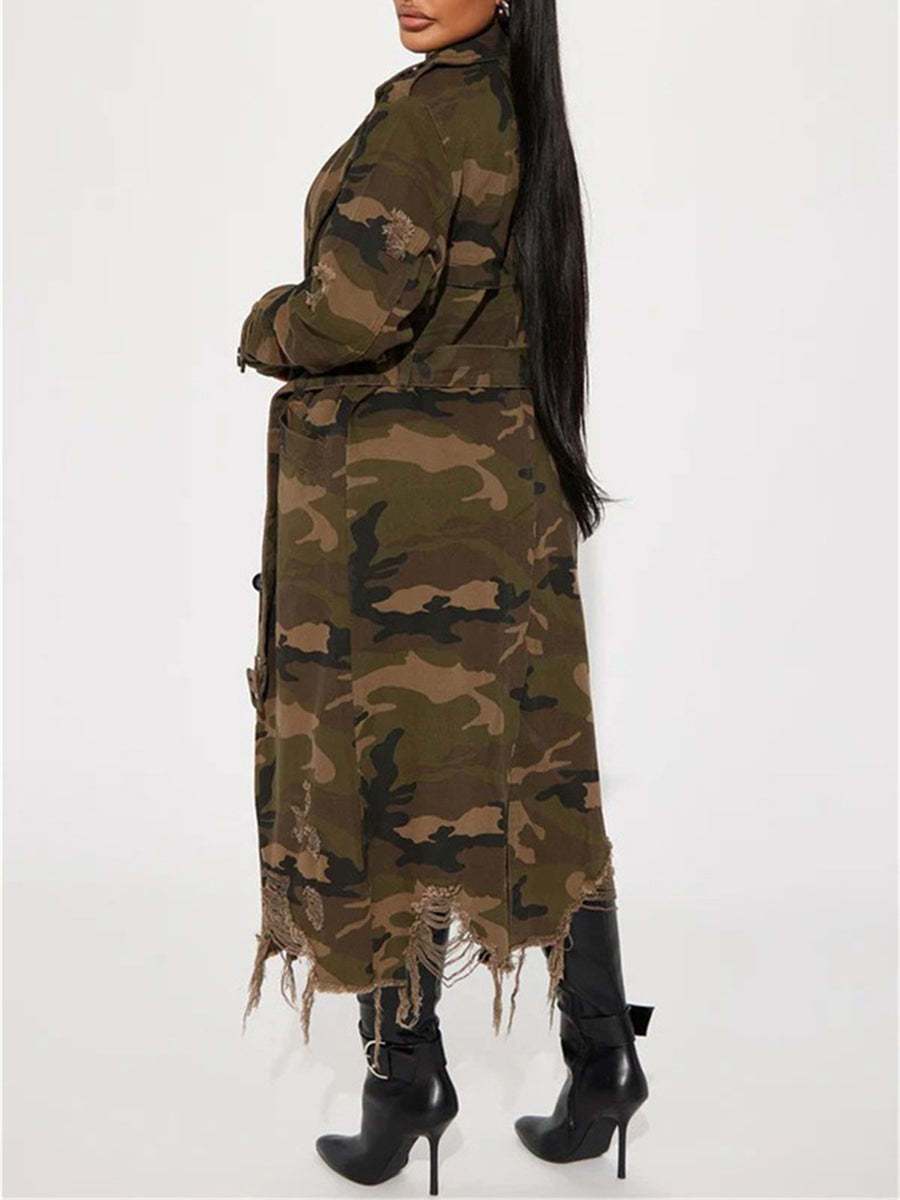 Distressed Camouflage Long Trench Coat