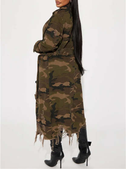 Distressed Camouflage Long Trench Coat