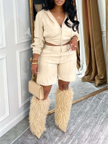 Hooded PU Leather Jacket Shorts Set