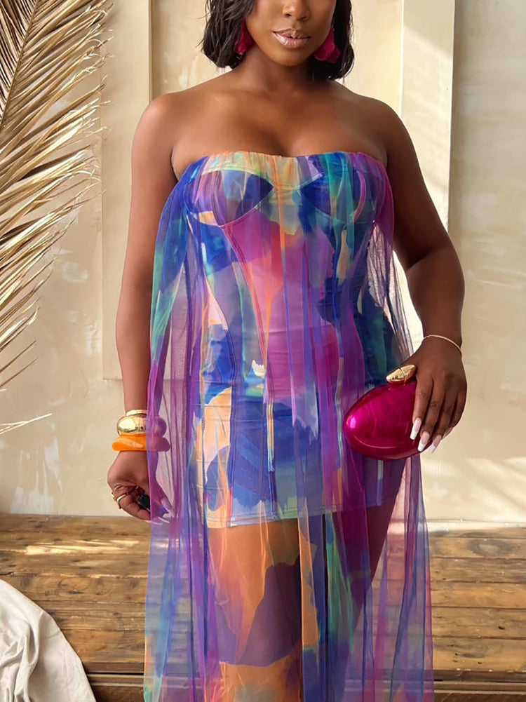 Colorblock Mesh Patchwork Strapless Dress