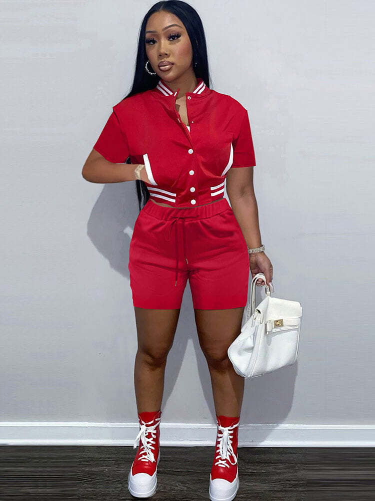 Two Piece Short Sleeve Color Block Baseball Tracksuit