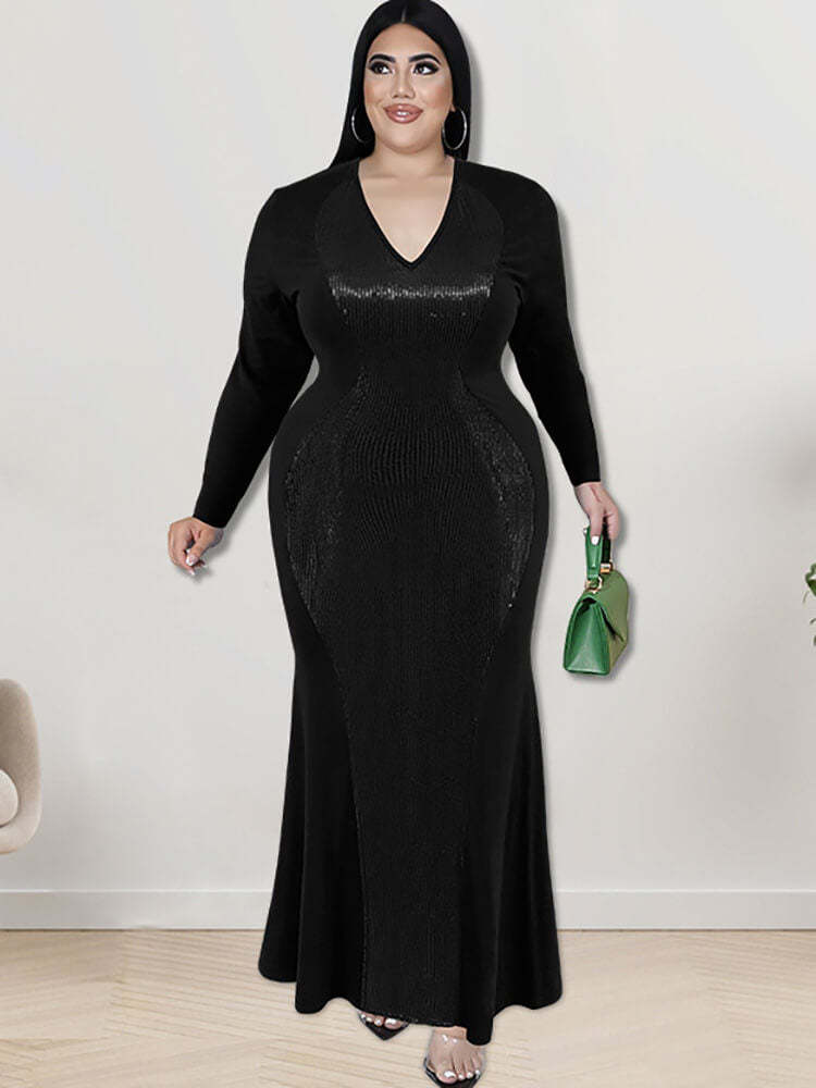 Long Sleeve Sequin Patchwork Maxi Dress