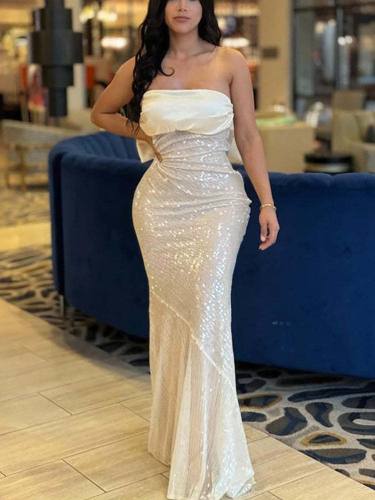 Strapless Bow Tie Back Sequin Maxi Dress