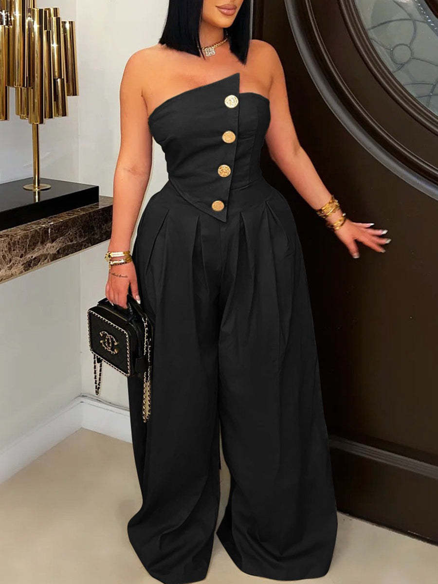 Strapless Metal Button Jumpsuit | Chic Wide-Leg Look | Clubwear