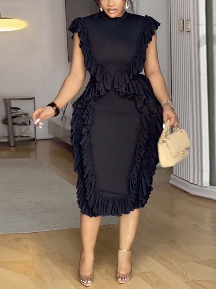 Ruffle Solid Color Midi Dress