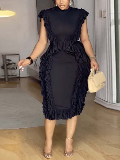 Ruffle Solid Color Midi Dress