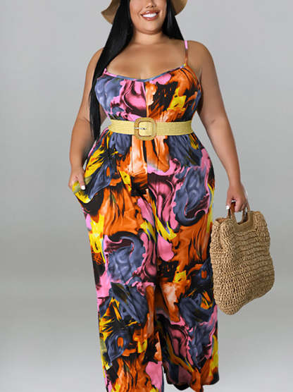 Plus Size Floral Print Strap Jumpsuit with Belt