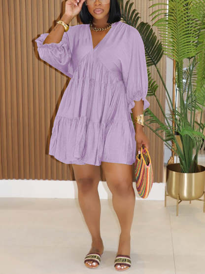 Cropped Sleeves Loose-Fit Pleated Dress