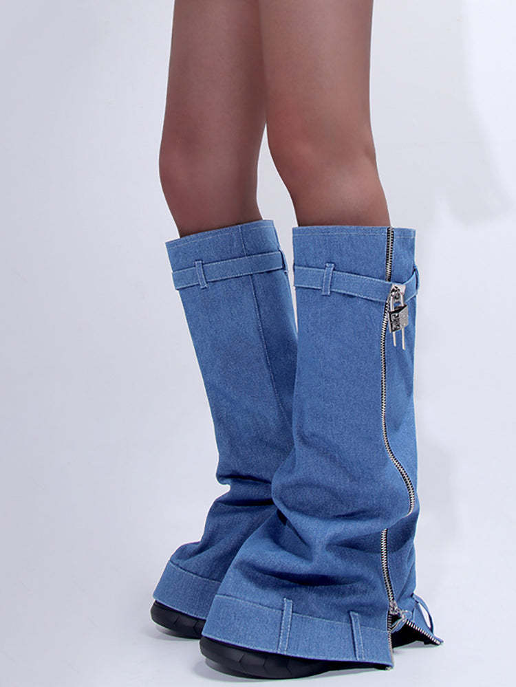 Western Platform Wedge Denim Boots