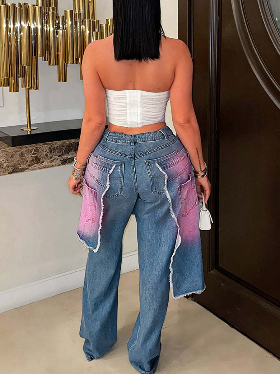 Distressed Gradient Patchwork Wide Leg Jeans