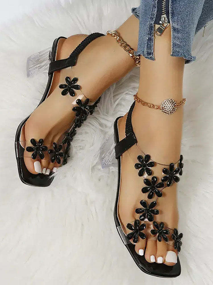 Rhinestone Patchwork Chunky Open Toe Heel