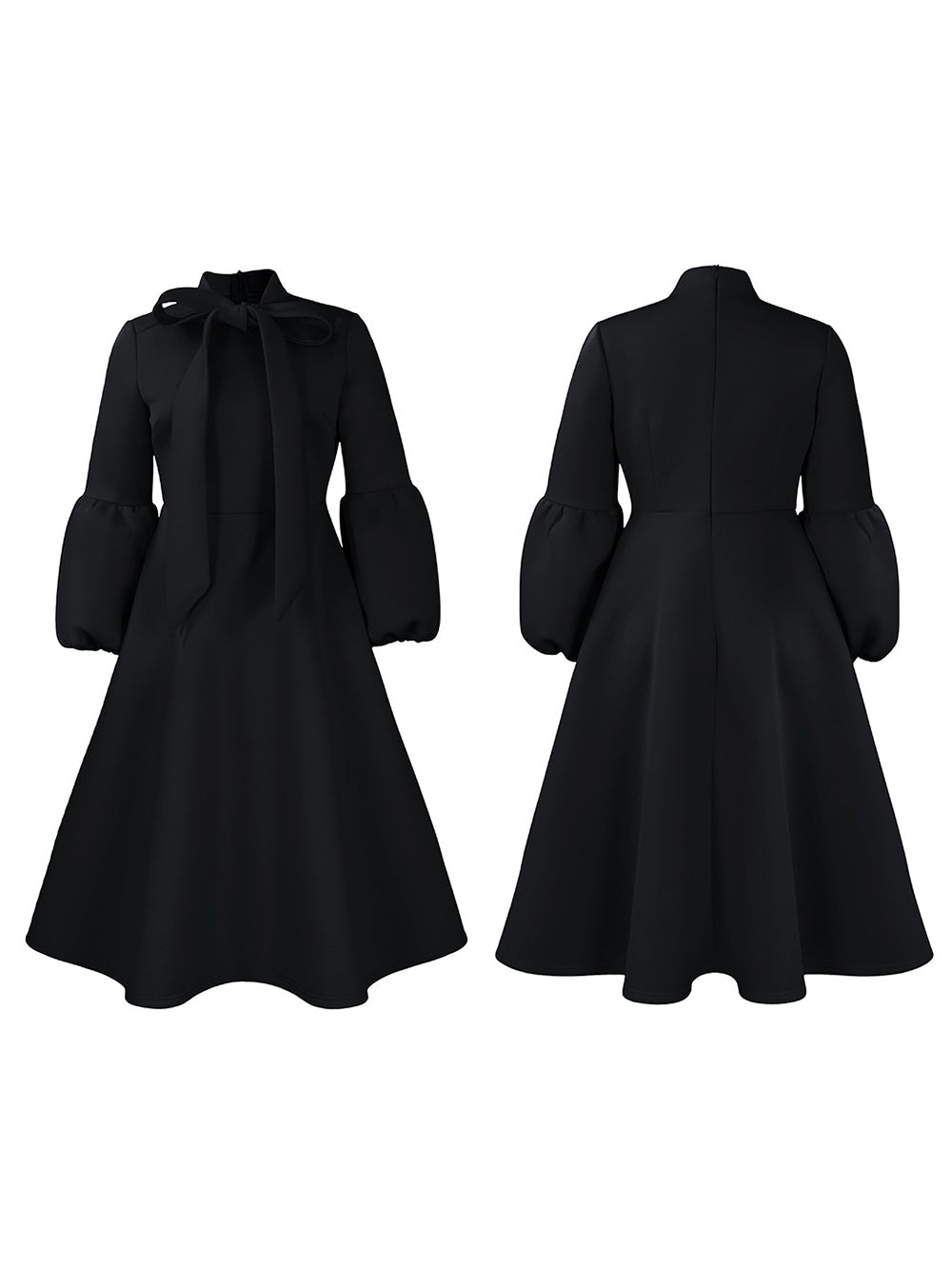 Puff Sleeve Bow-Tie Neck Flared Midi Dress