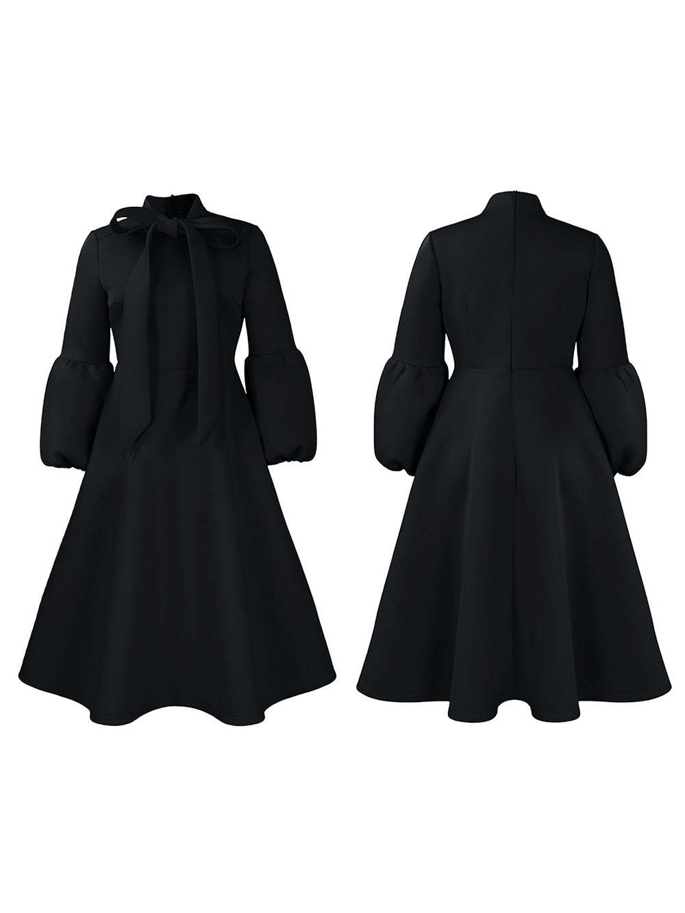 Puff Sleeve Bow-Tie Neck Flared Midi Dress