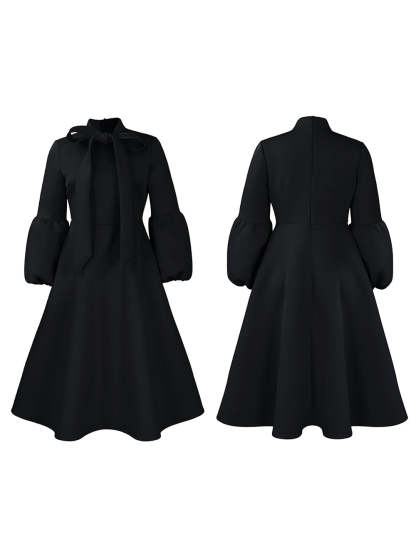 Puff Sleeve Bow-Tie Neck Flared Midi Dress