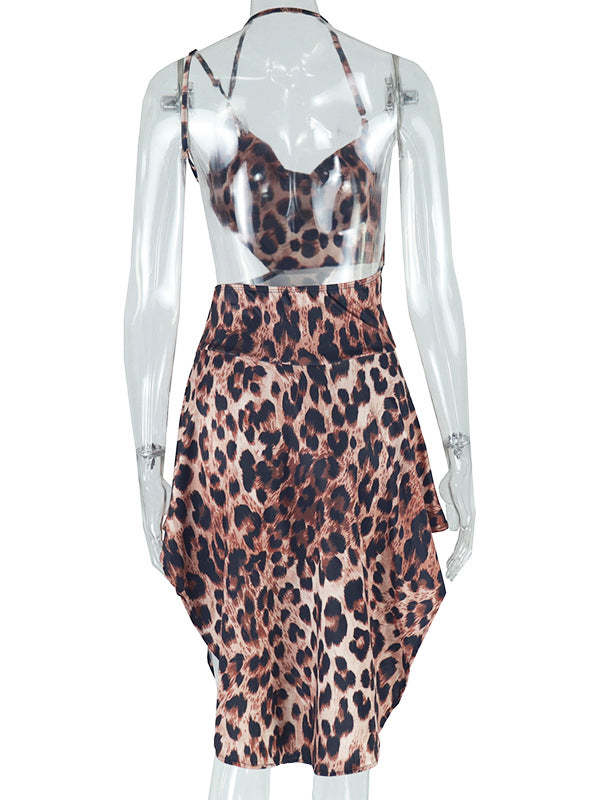 Asymmetrical Leopard Halter Neck Dress