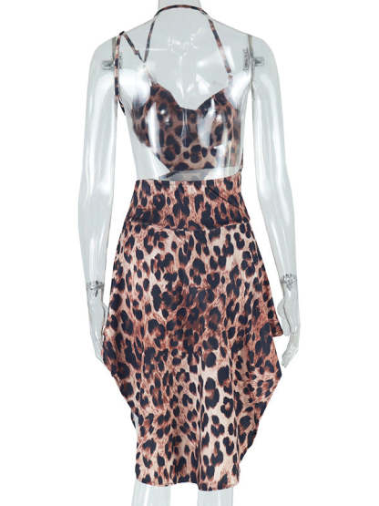 Asymmetrical Leopard Halter Neck Dress