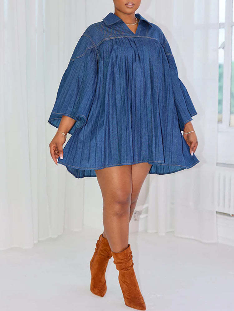 Oversized Denim Pleated A-Line Shirt Dress | Casual Dresses
