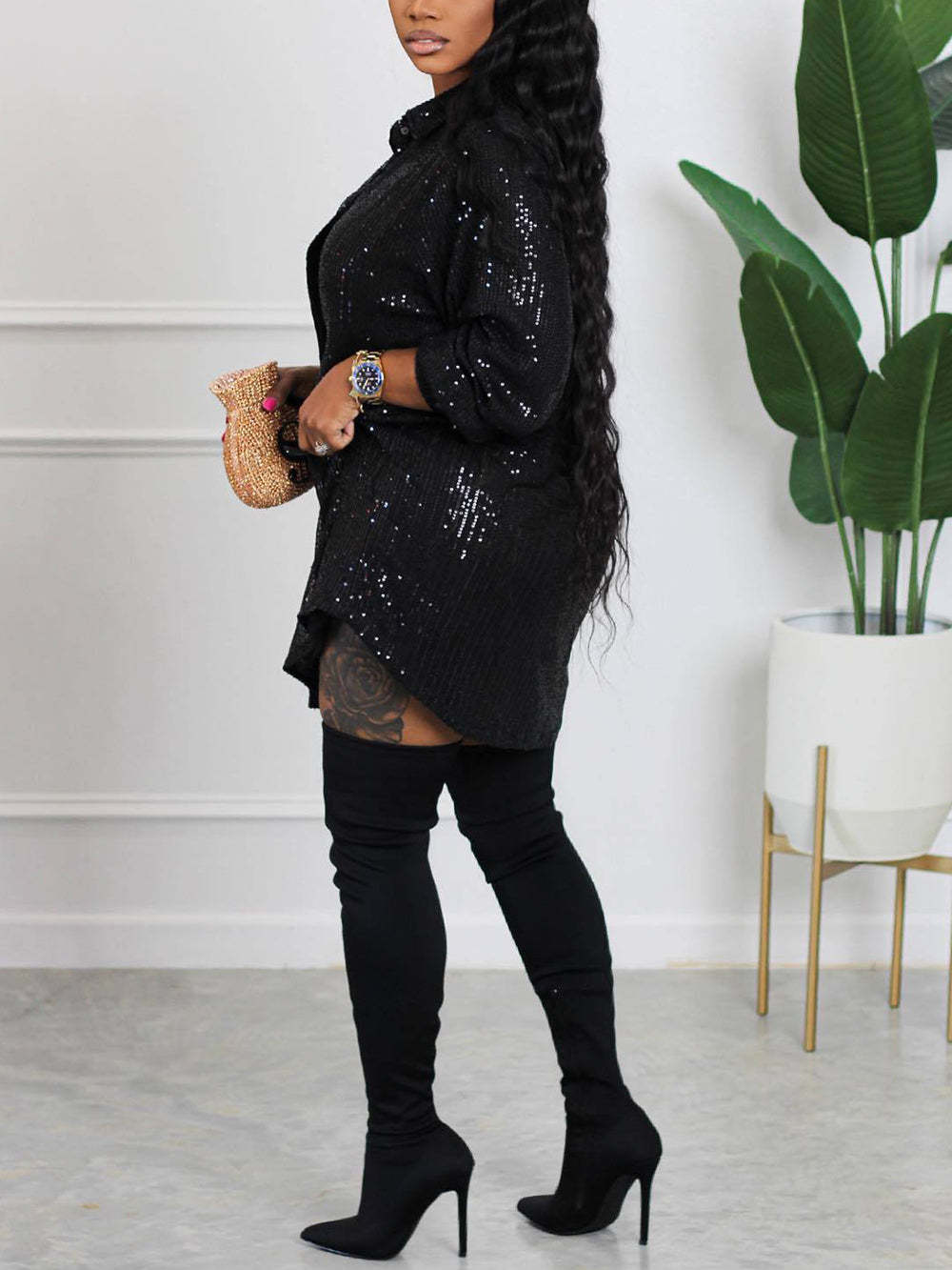 Sequins Long Sleeve Shirts Mini Dress
