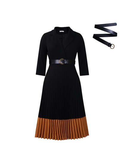 Belted Color-Block Pleated Blazer Midi Dress