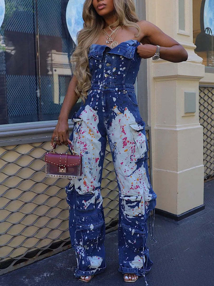 Strapless Color Paint Cargo Denim Jumpsuit