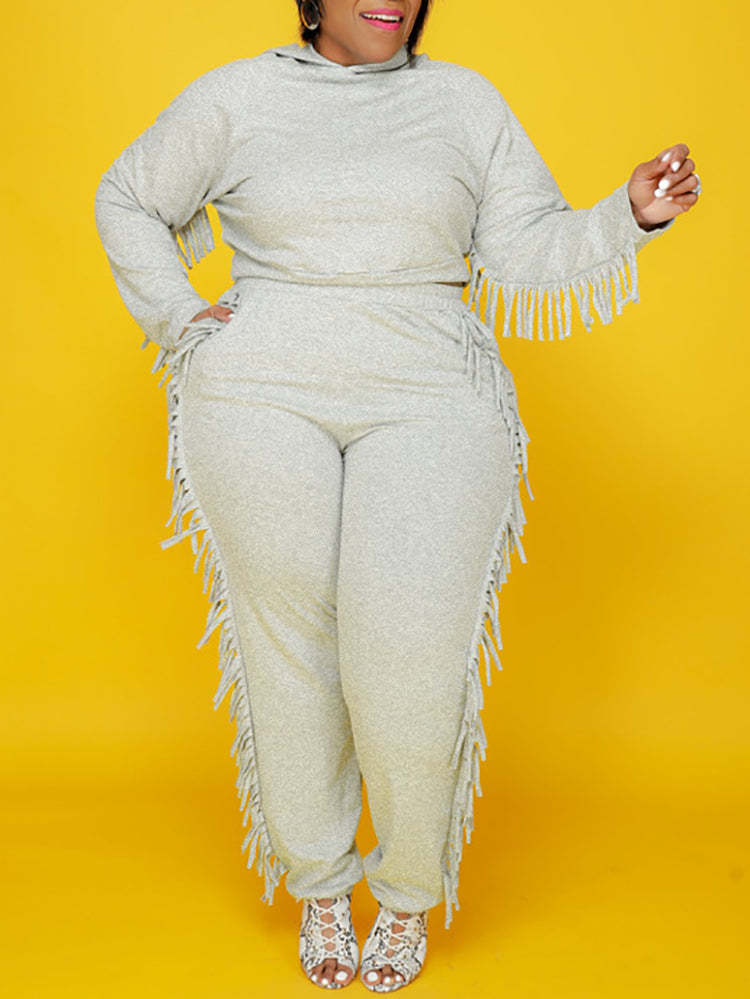 Plus Size Fringe Hooded Two-Piece Tracksuit | Women's Set