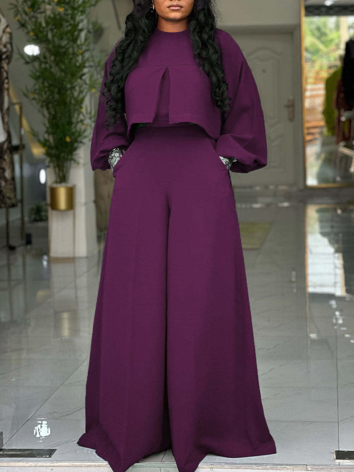 Plus Size Lantern Sleeve Wide Leg Pants Set