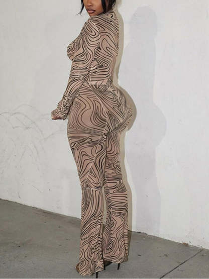 Mesh Turtleneck Crop Top Flared Pant Sets