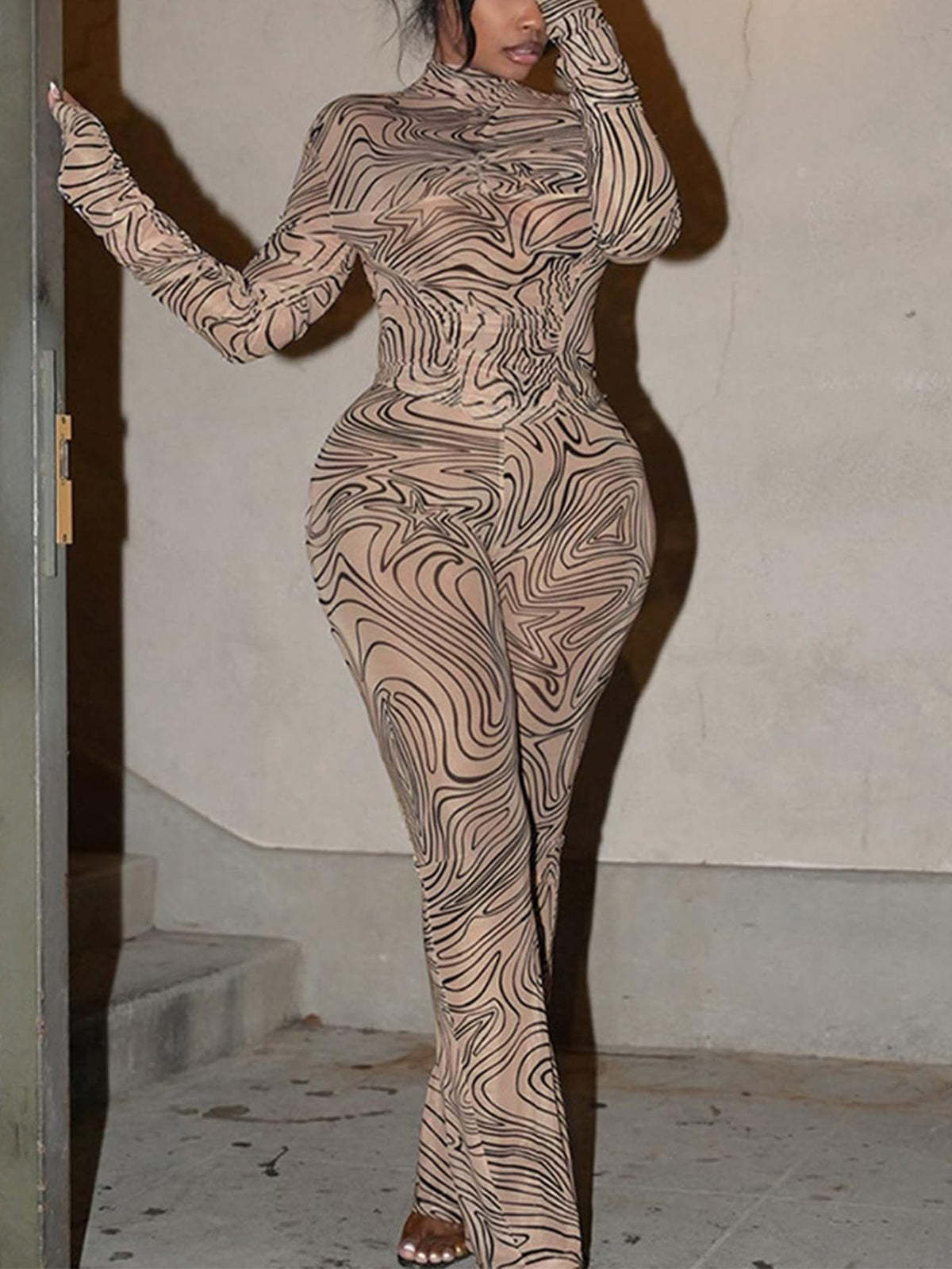 Mesh Turtleneck Going Out Crop Top Flared Pant Sets Jumpsuit Clubewear