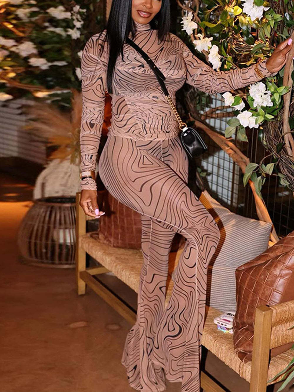 Mesh Turtleneck Crop Top Flared Pant Sets