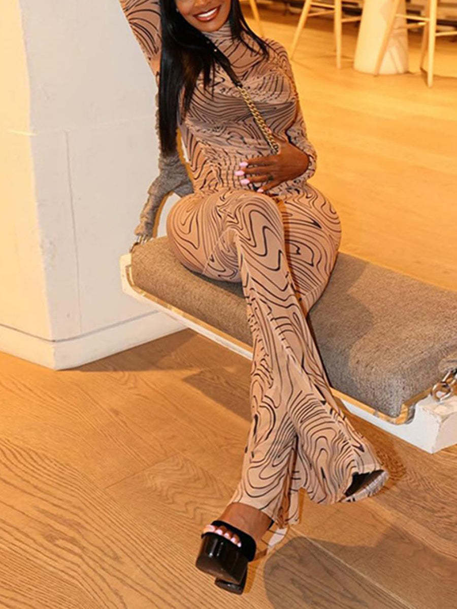 Mesh Turtleneck Crop Top Flared Pant Sets