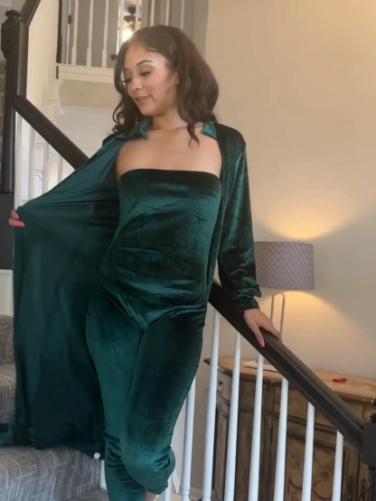 Two-Piece Velvet Cardigan & Tube Jumpsuit