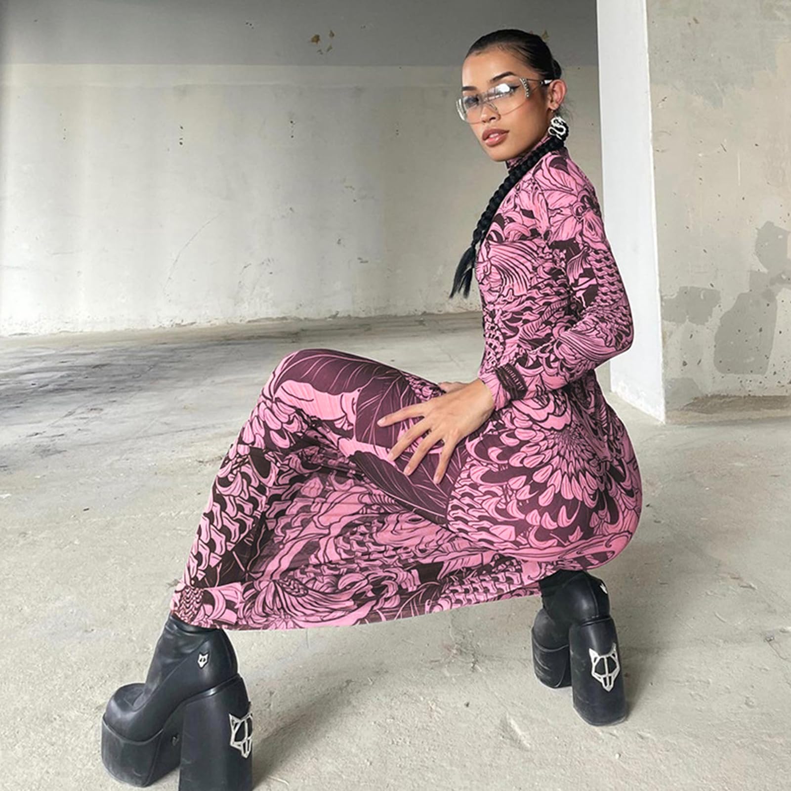 Mock Neck Mesh Print Maxi Dress