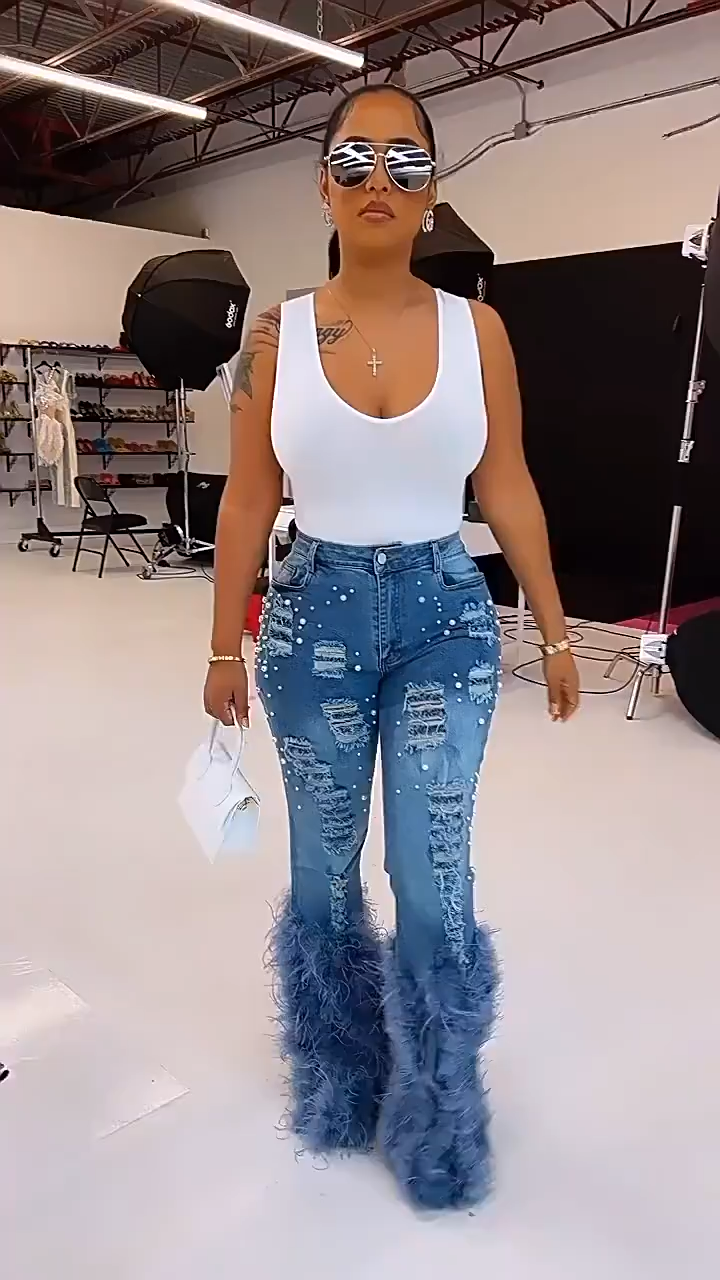 Feather Beaded Distressed Flare Jeans