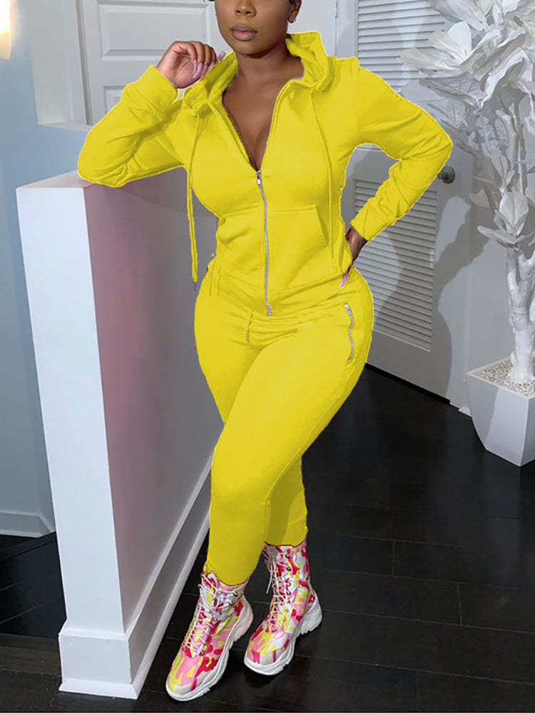 Two Piece Solid Color Hoodie Zip-Up Tracksuit