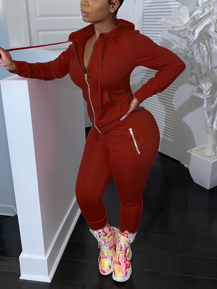 Two Piece Solid Color Hoodie Zip-Up Tracksuit