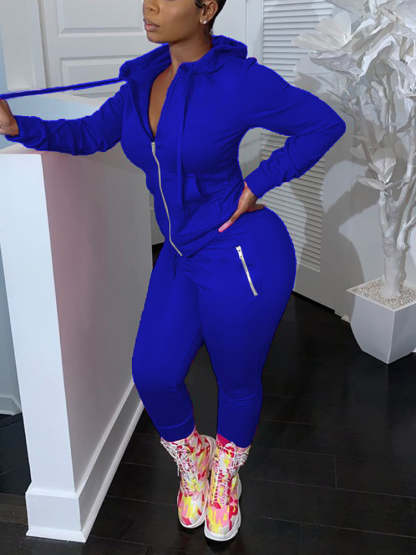 Two Piece Solid Color Hoodie Zip-Up Tracksuit