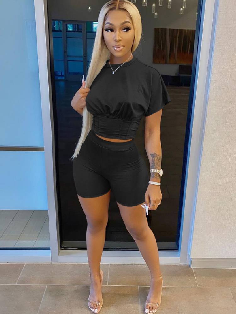 Two Piece Short Sleeves Crop Top Shorts