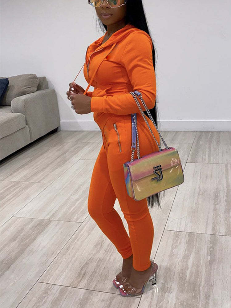 Two Piece Solid Color Hoodie Zip-Up Tracksuit